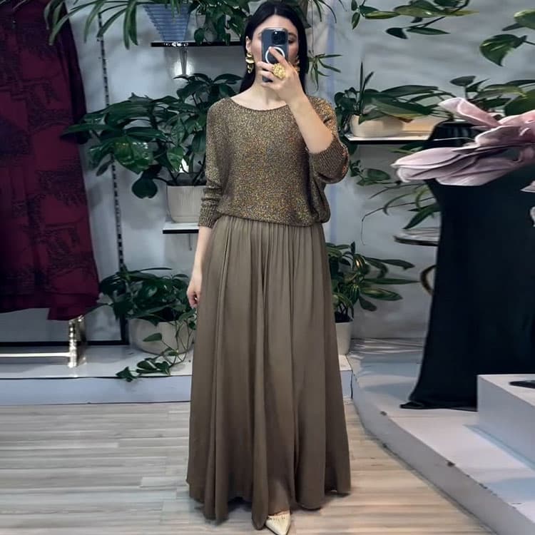 Trendy Dress Set Custom logo Retro Metallic Top Wholesale Elastic Maxi Skirt Factory Direct