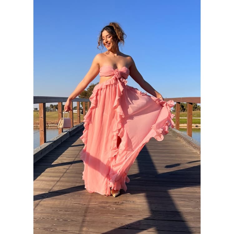 Strapless Floral Dress Wholesale Ruffled Mesh Dress Custom logo Simple Solid Color Dress Factory Direct