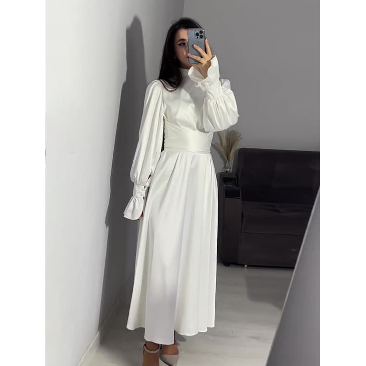 Elegant Muslim Satin Dress Womens Clothing Bow Soft Solid Color Ruffled Dress Long Sleeve Ruched Long Dress