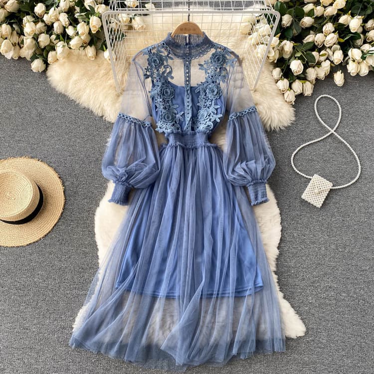 High Quality 3D Flower Mesh Temperament Lantern Sleeve Women Casual Dress High Waist Slim Women Two Piece Suit fairy Dress