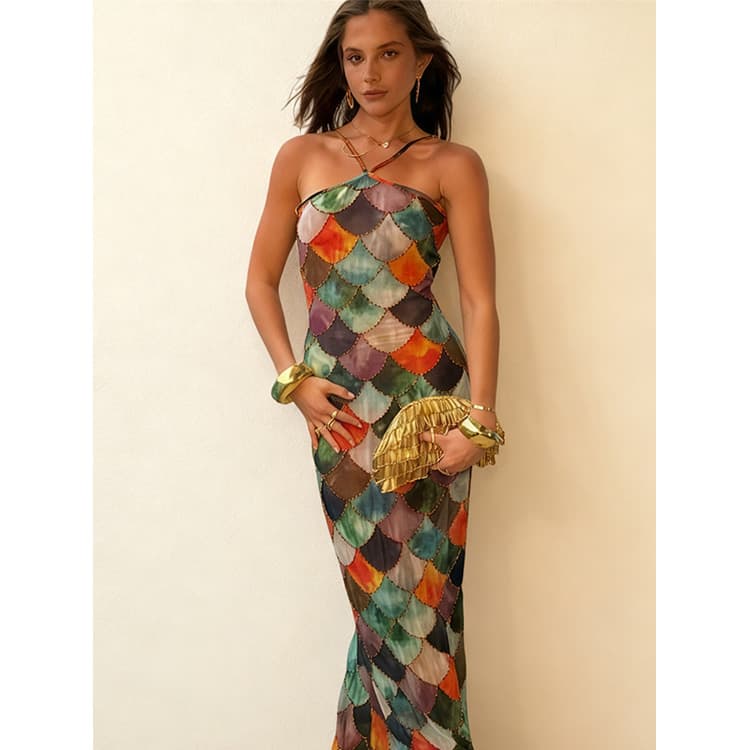 Colorful Fish Scale Dress Wholesale Halter Neck Fishtail Skirt Custom logo Sparkling Bodycon Skirt Factory Direct