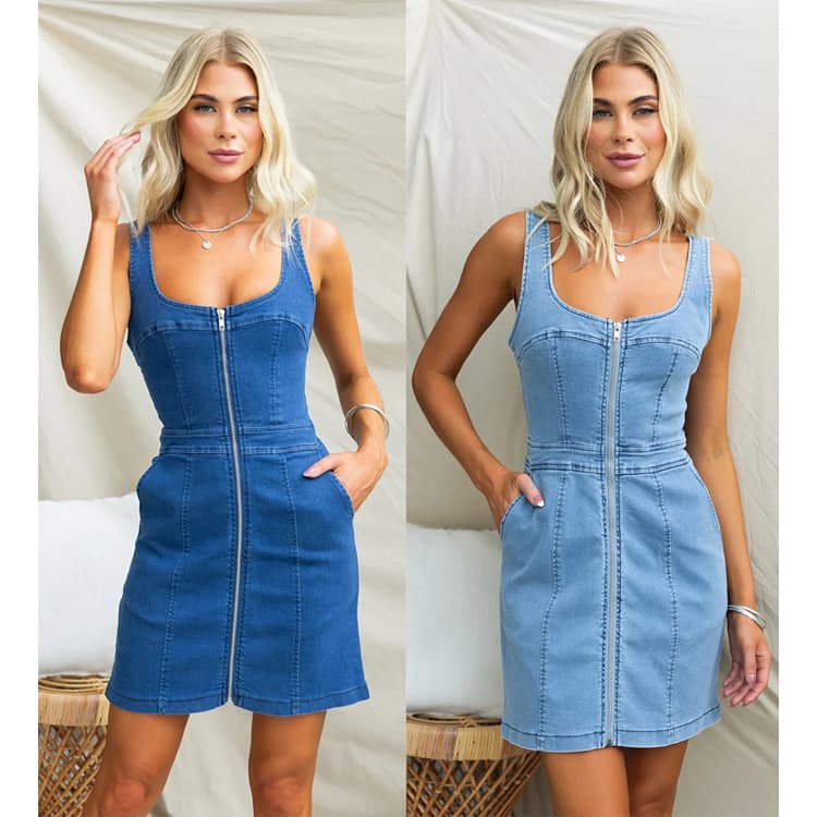 Fashion 2025 Spring and Summer Casual Slim Denim Dress Sleeveless Backless Dress for Women Front Zipper Women Dress