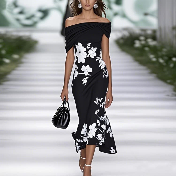 Wenshuo Printed Maxi Dress Wholesale Off the Shoulder Dress Custom logo Summer Ruffle Dress Factory Direct