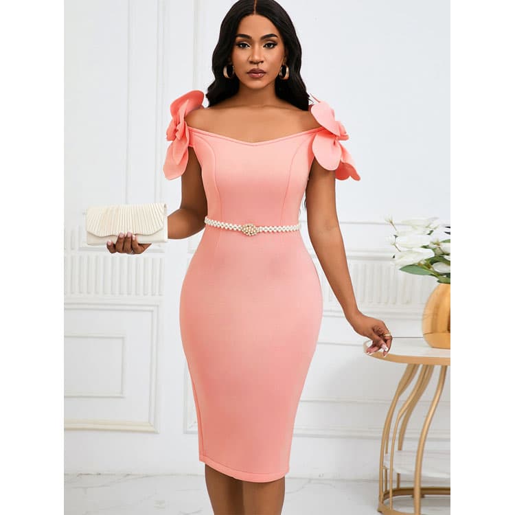 Solid Color Sleeveless Dress Wholesale Pearl Belt Dress Factory Direct 3D Floral Casual Dress Custom logo