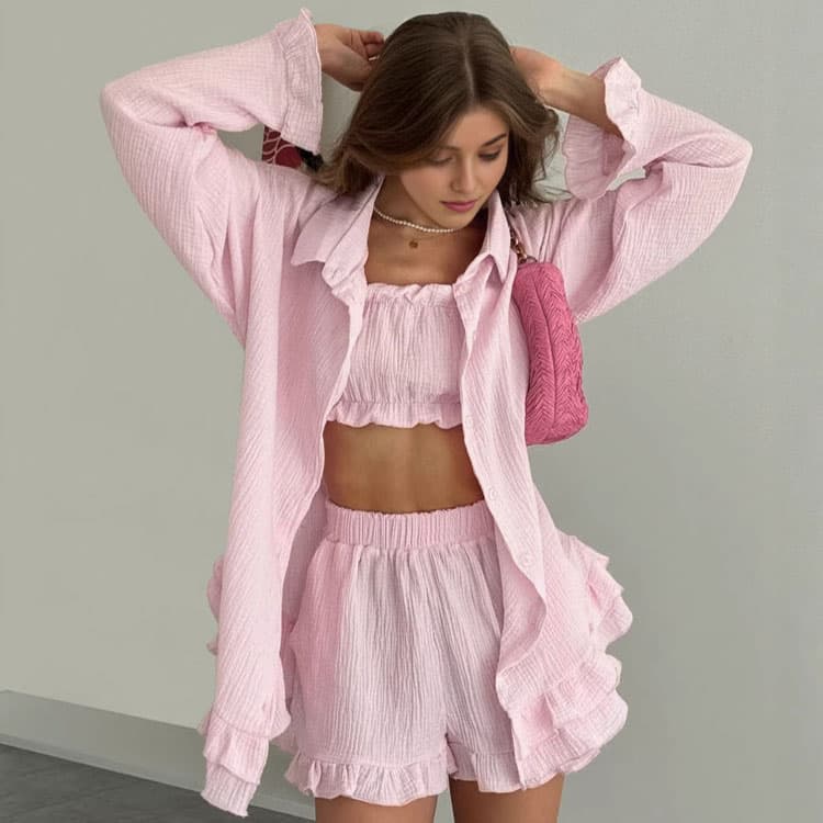 Ruffled Solid Color Pajamas Wholesale 100% Cotton Pajama Set Factory Directly Simple Breathable Pajamas Custom logo