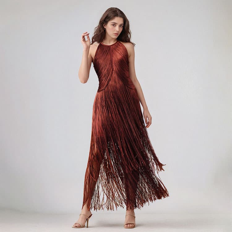 2026 New Design Tassel Sleeveless Waist Bandage Dress Elegant Party Performance Gown for Women Solid Color Lady Evening Dress