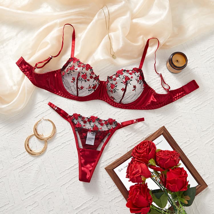 Wenshuo Rose Embroidered Lingerie Wholesale Push up Sexy Lingerie Custom logo Mesh Lace Lingerie Factory Direct
