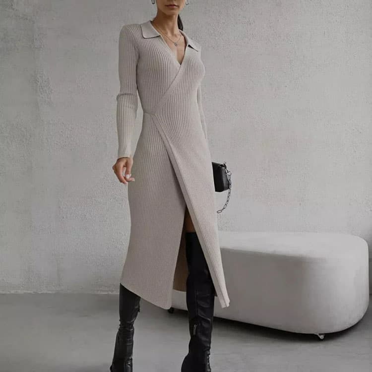 Knit Lapel Dress Factory Direct Long Sleeve Fitted Dress Custom logo Solid Color Simple Dress Wholesale