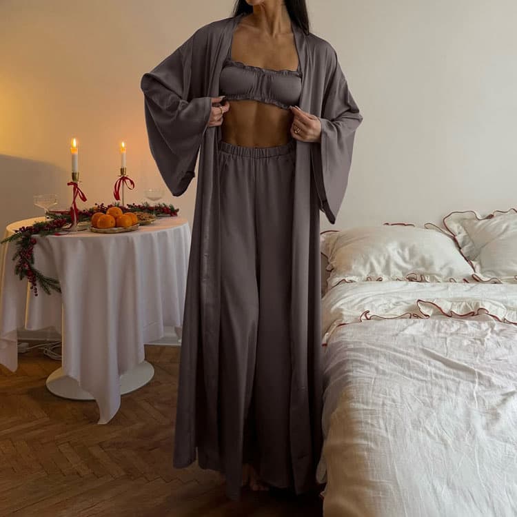 Casual Robe Three Piece Set Wholesale Solid Color Simple Set Custom logo Soft Simple Trousers Factory Direct