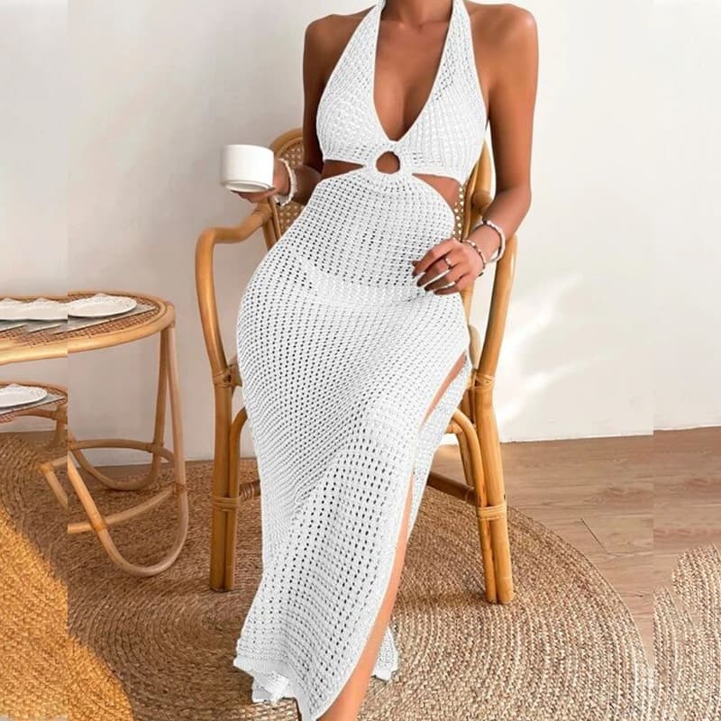 Summer New Sun Protection Clothing Beach Skirt Solid Color Sexy Knitted Hollow Beach Bikini Cover Ups