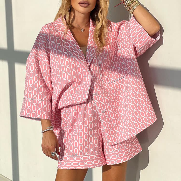 Printed Casual Suit Wholesale Short Sleeve Collared Top Custom logo Simple Shorts Factory Direct