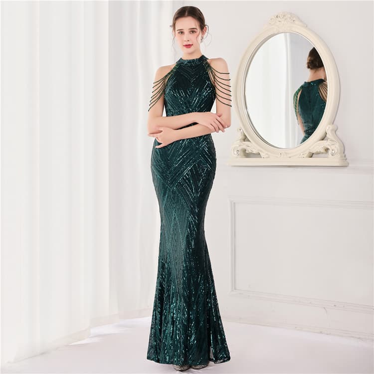 Banquet Temperament Elegant Long Dress Halter Sequins Tassel Celebrity Queen Fishtail Evening Dress New Design Solid Color Dress