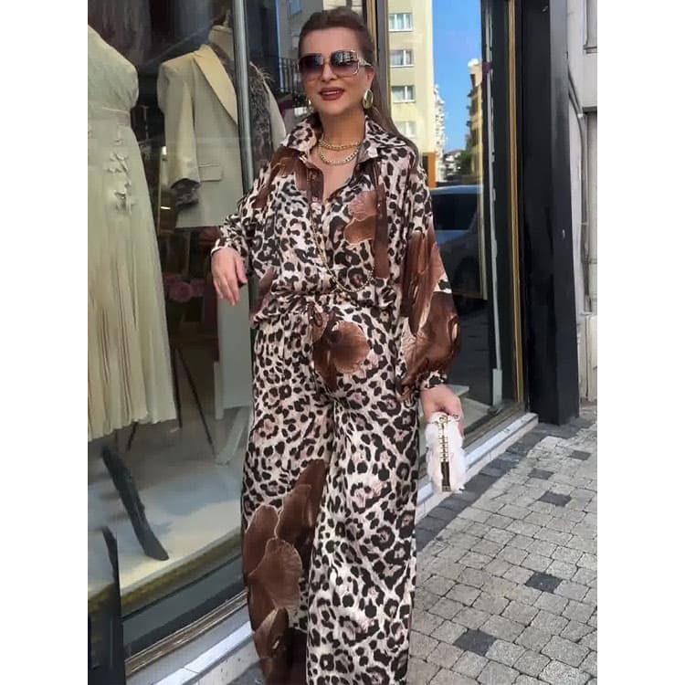 Floral Leopard Print Suit Wholesale Long Sleeve Lapel Top Factory Direct Loose Wide Leg Pants Custom logo