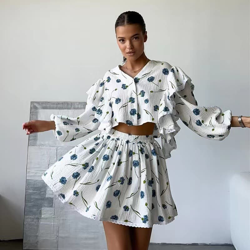Ruffled Pajama Sets Wholesale Cartoon Print Home Clothes Custom logo Soft Skirt Factory Directly