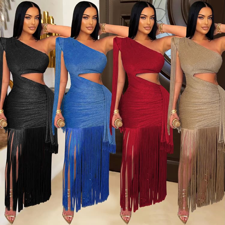 Wholesale S-XXL Fashion Dresses Solid Color Sexy Casual Dresses One Shoulder Fringe Dresses for Women