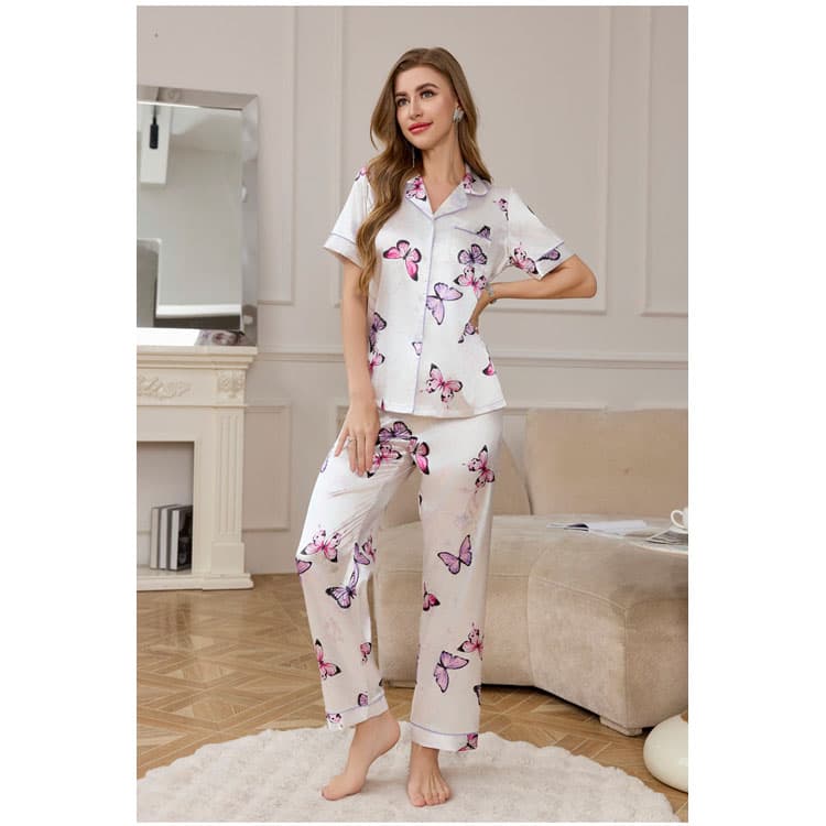 Printed Breathable Pajamas Custom logo Soft Satin Loungewear Factory Directly Lapel Short Sleeve Pajamas Wholesale