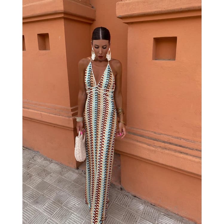 Popular Contrast Color Design Striped Women Knit Dress V Neck Lace up Beach Dress Backless Colorful Bohemian Style Holiday Dress