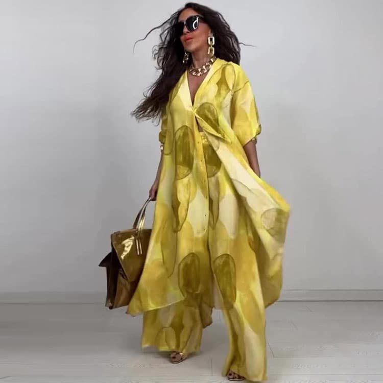 Printed Ombre Women Set Wholesale Long Sleeve Lapel Top Factory Direct Soft Loose Trousers Custom logo