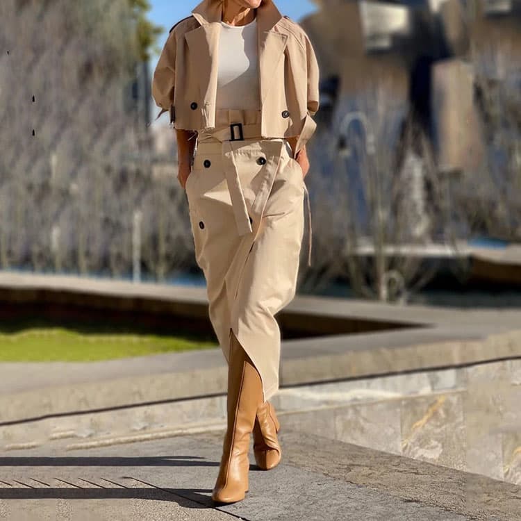 Retro Dress Set Wholesale Stylish Long Sleeve Jacket Custom logo Split dress Factory Direct