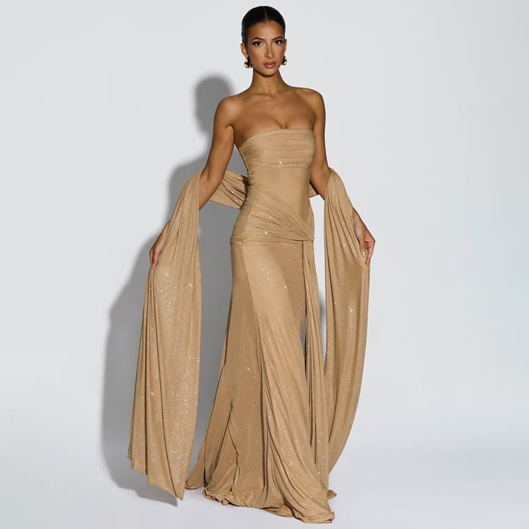 Elegant Evening Dress Wholesale Sparkling Tulle Maxi Dress Custom logo Ribbon Solid Color Dress Factory Direct