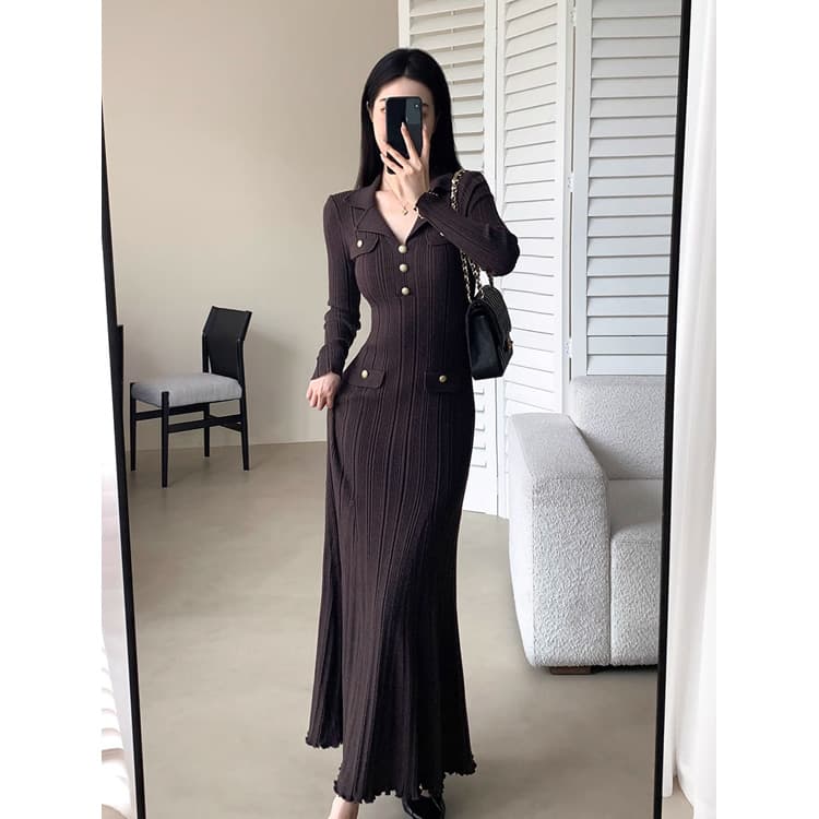 Solid Color Collared Dress Custom logo Simple Knit Dress Factory Direct Vertical Striped Maxi Skirt Wholesale