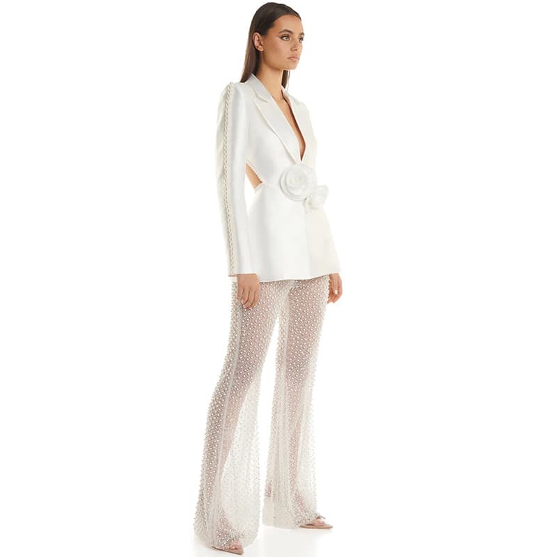 Backless Design Women Suits Wholesale Gorgeous Heavy Duty Tops Manufacturer Mesh Pearl Trousers Factory Directly