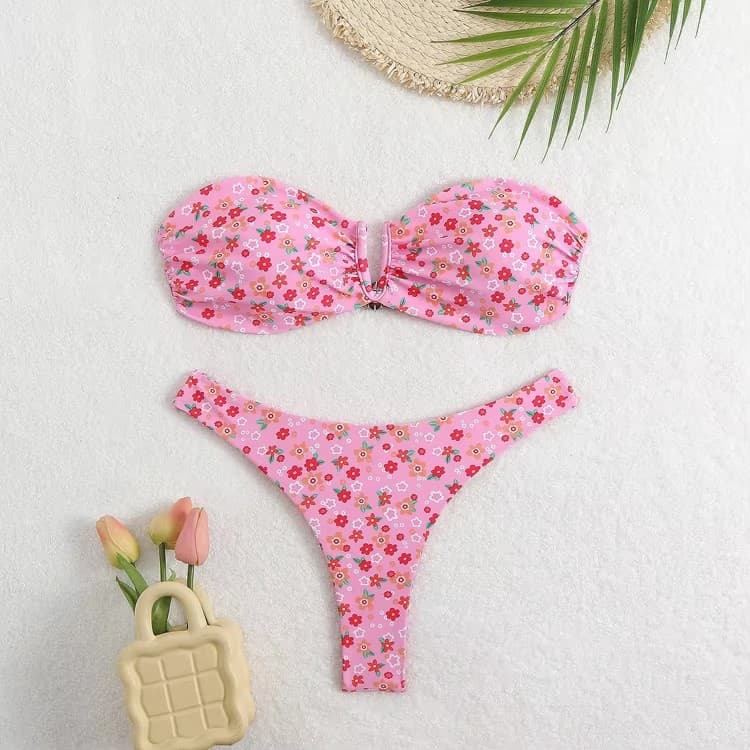 New Flower Print Bikini Tube Top Cute Girls Swimwear High Cut Brazilian Bikini Wholesale