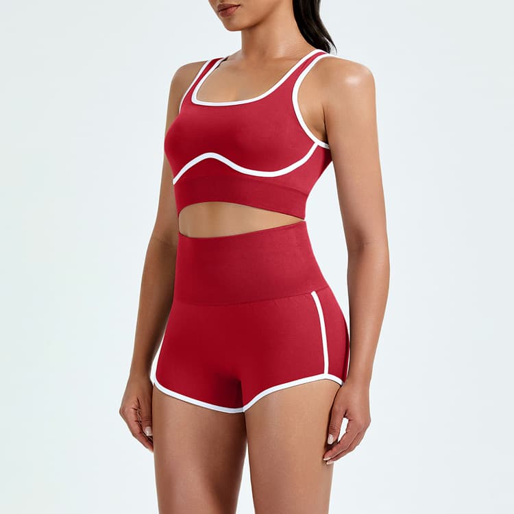 Seamless Contrast Color Activewear Gym Set White Binding Scrunch Butt Shorts 2 Piece Yoga Set