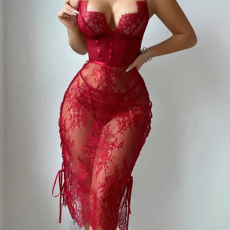 Wenshuo Sexy Lace Backless Dress Wholesale Ribbon Mesh Lingerie Custom logo See Through Sexy Lingerie Factory Direct