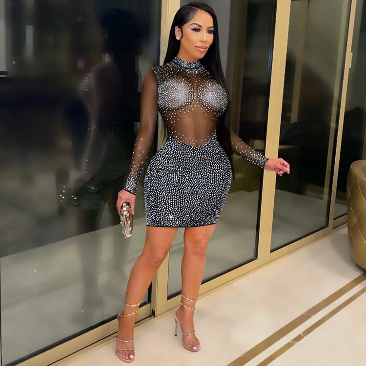High End Evening Gown Fashionable Sexy Club Dresses Rhinestone Embellished Dresses Tulle Long Sleeve Dresses