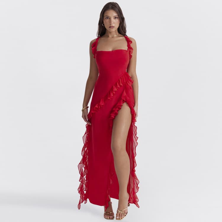 Solid Color Sleeveless Dress Wholesale Ruffled Maxi Dress Custom logo Square Neck Lace Dress Factory Direct