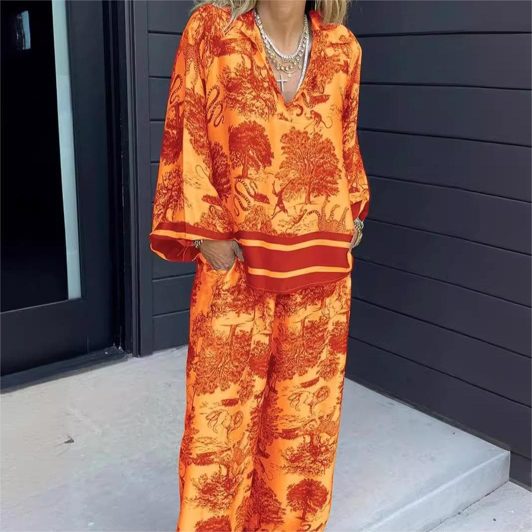 Plus Size Printed Long Sleeved Tops Wholesale V Neck Women's Suits Custom logo Loose Trousers Factory Directly