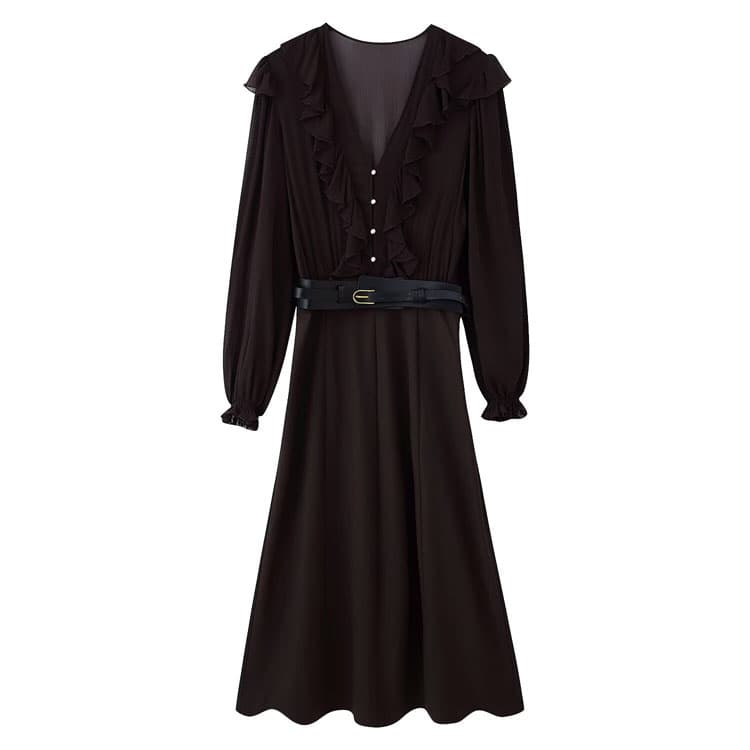 2026 New Wholesale Women Casual Dress Brown Spring Vacation Pleated Dress Midi Dress with Belt