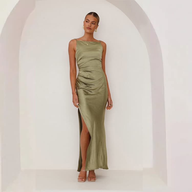 Wholesale 2025 Spring and Summer Dresses Solid Color Sexy Backless Split Dresses Sleeveless Halter Dresses Women