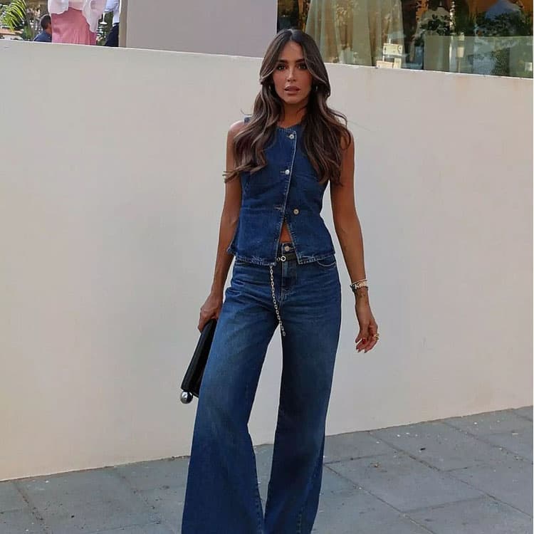 S-2XL Sexy Office Style Denim Vest Suit for Women 2025 Summer Sleeveless Top and Flowy Wide Leg Pants Women Suit Set Wholesale