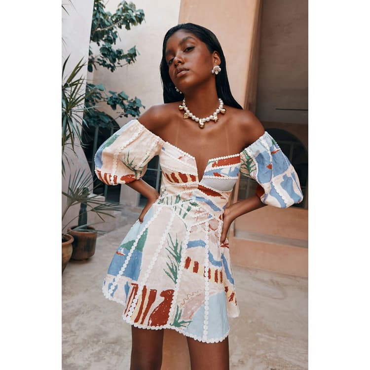 One Shoulder Mini Skirt Factory Directly Puff Sleeve Dress Wholesale Printed a Line Dress Custom logo