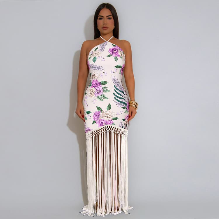 Hot Selling Women Holiday Beach Dress Fashion Women Halter Dress Floral Printed Backless Sleeveless Tassel Casual Dress