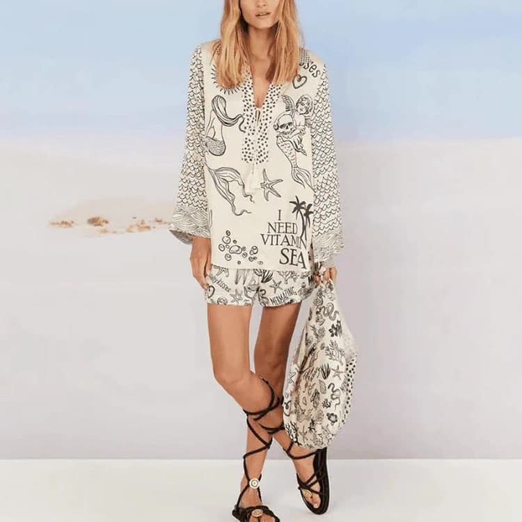 S-3XL Fashion Printed Women Suit Custom logo Long Sleeve Deep V Neck Top Wholesale Loose Ocean Pattern Shorts Factory Direct
