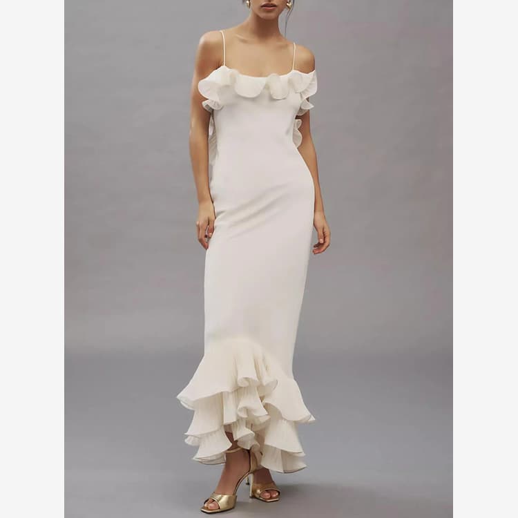Wenshuo Ruffled Maxi Dress Wholesale Solid Color Evening Dress Custom logo Stylish slip Dress Factory Direct