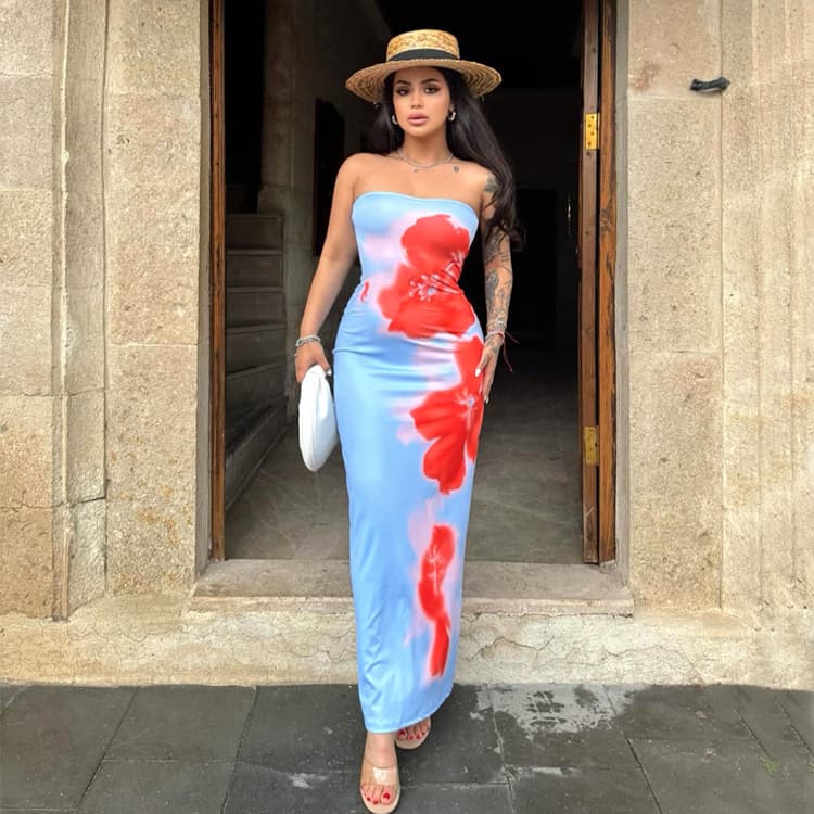 2024 New Flower Print Vacation Women Holiday Dress Blue Strapless Backless Slit Long Casual Dress Women Dress Manufacturer