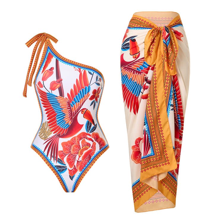 Low MOQ Customized Bikini Wholesale Vintage Sexy One Shoulder Swimsuit Chiffon Skirt Bikini Set