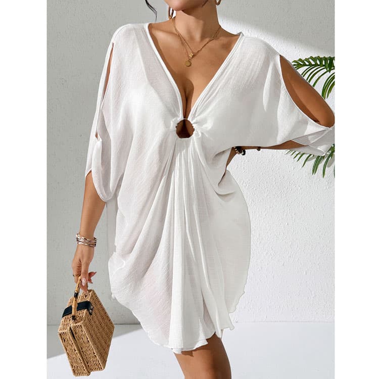 Beach Dress Layered Cover up Dress with Circular V Neck Design and batwing Sleeve Sun Protection Dress