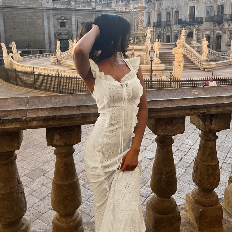One Shoulder Lace Dress Wholesale Drawstring Design Long Dress Custom logo Sleeveless Fishtail Dress Factory Directly