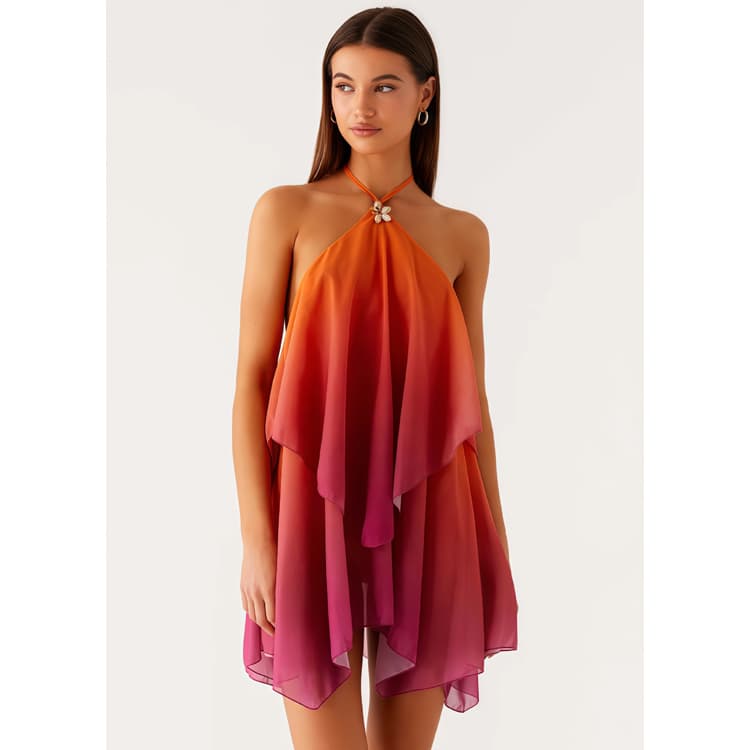 Wholesale Orange Gradient Dress Elegant Halter Neck Dress Unique Mesh Halter Neck Loose Dresses