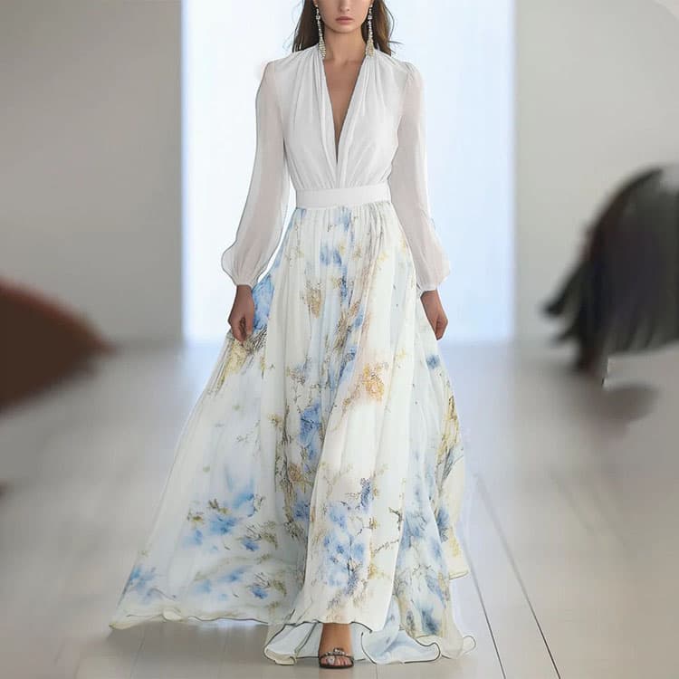 Woman Chiffon Floral Print Maxi Dress Elegant Fall Dress with Lining and Belt Party Long Sleeve Gown