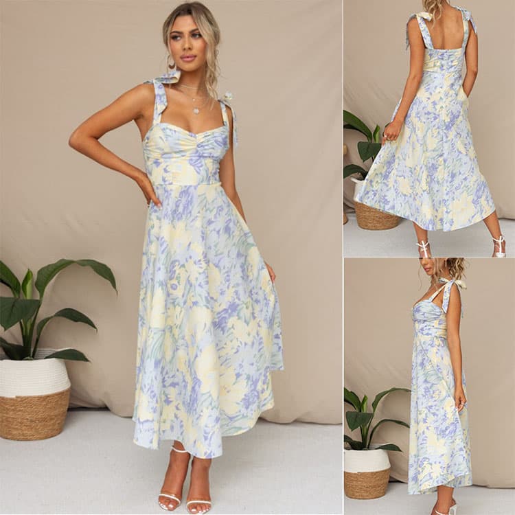 Ribbon Bow Dress Wholesale Fashion Print Flower Dress Custom logo Simple Pleated Dress Factory Direct