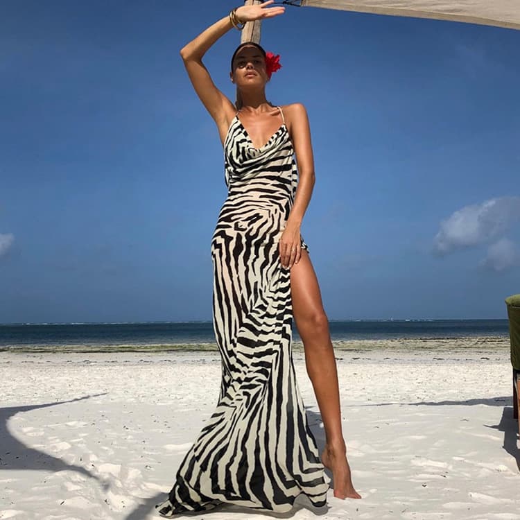 Summer New Fashion Dresses Zebra Print Sexy Halter Dress High Slit Casual Dresses