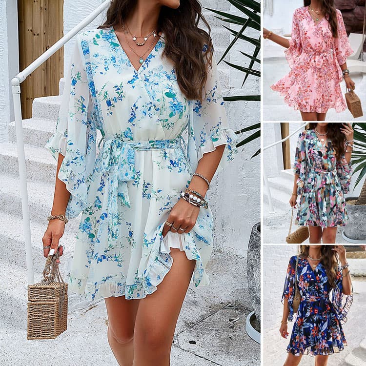 Womens 2025 Spring and Summer Holiday Dress Flower Printing Casual Dress Fit Belt Lace up Chiffon Dress
