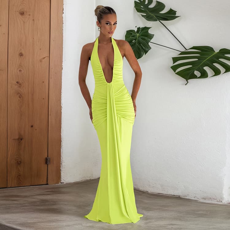 New Solid Color Elegant Dresses Neck Hanging Deep V Waist Long Dresses Sexy Backless Float Tail Dresses