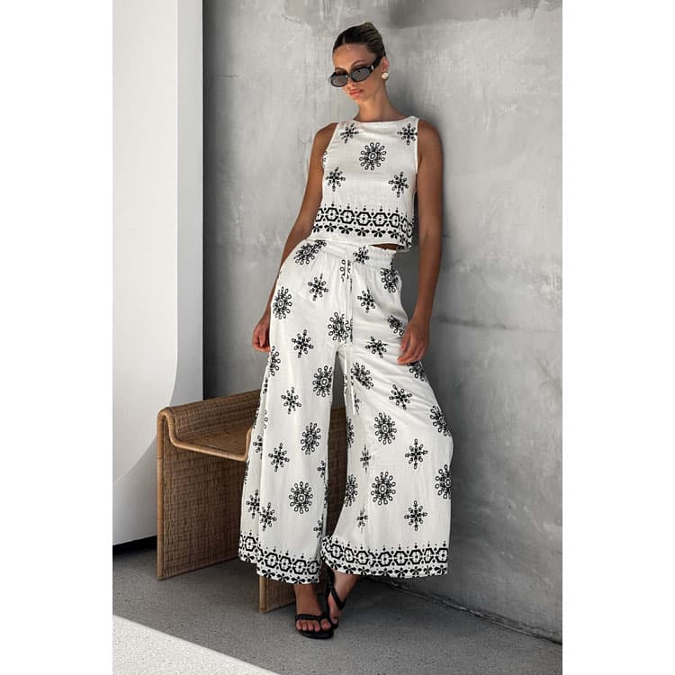 Linen Women Suit Custom logo Loose Pants Factory Directly Sleeveless Crew Neck Top Wholesale